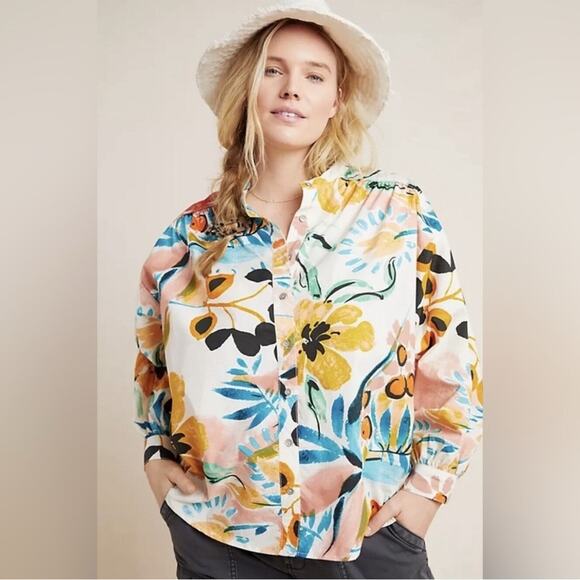 Anthropologie Crisanta Floral Poplin Print Size XL Buttondown Cotton Boho Travel - Picture 2 of 10